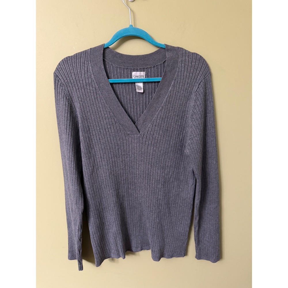 Chicos Gray Ribbed V-Neck Knit Top Minimalist Size 3 XL RN 79984 Capsule